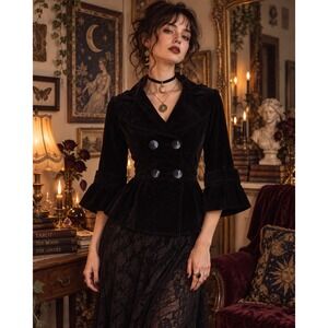 mac & jac Y2K Black Cotton Velvet Peplum Ruffle Cuff Double Breasted Jacket